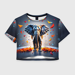 Футболка 3D укороченная женская Геометрический слон и цветные полигоны, цвет: 3D-принт
