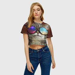 Футболка 3D укороченная женская A Cat with multicolored glasses, цвет: 3D-принт — фото 2