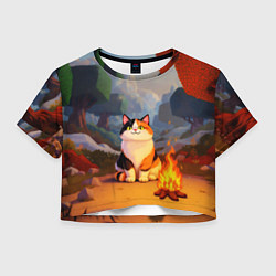 Футболка 3D укороченная женская Котик в кубическом мире, цвет: 3D-принт