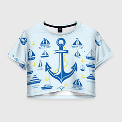 Футболка 3D укороченная женская Якорь и корабли, цвет: 3D-принт