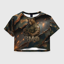 Футболка 3D укороченная женская ВМФ медведь у штурвала на фоне камуфляжа, цвет: 3D-принт