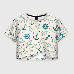 Футболка 3D укороченная женская Морской паттерн из штурвалов, чаек и якорей, цвет: 3D-принт
