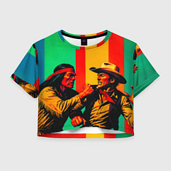 Футболка 3D укороченная женская Ковбой против индейца поп-арт, цвет: 3D-принт