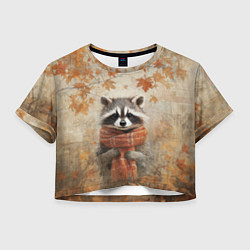 Футболка 3D укороченная женская Осенней енот в шарфе, цвет: 3D-принт