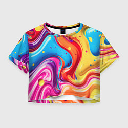 Футболка 3D укороченная женская Смесь красно-жёлто-голубых масляных красок абстрак, цвет: 3D-принт