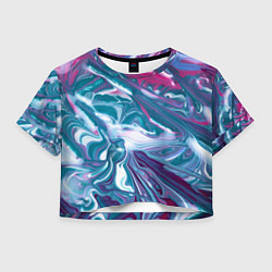 Футболка 3D укороченная женская Абстракция бело сине красный мрамор, цвет: 3D-принт