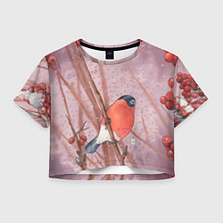 Футболка 3D укороченная женская Снегирь и зимние ягоды, цвет: 3D-принт