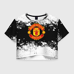 Футболка 3D укороченная женская Манчестер Юнайтед черно белые краски лого, цвет: 3D-принт