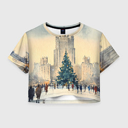 Футболка 3D укороченная женская Москва новогодняя елка, цвет: 3D-принт