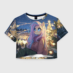 Футболка 3D укороченная женская Аниме - лошадка в новогодней атмосфере, цвет: 3D-принт