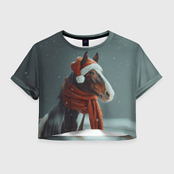 Футболка 3D укороченная женская Лошадь в новогодней шапке, цвет: 3D-принт