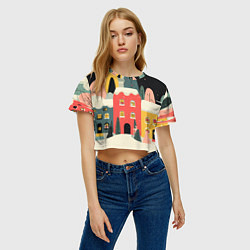 Футболка 3D укороченная женская Разноцветные новогодние дома, цвет: 3D-принт — фото 2