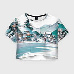 Футболка 3D укороченная женская Дома и елки - Новый год, цвет: 3D-принт