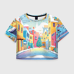 Футболка 3D укороченная женская Разноцветный новогодний дворик, цвет: 3D-принт