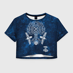 Футболка 3D укороченная женская Вегвизир в древе жизни и вороны Одина, цвет: 3D-принт