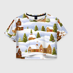 Футболка 3D укороченная женская Новогодние домики и елочки, цвет: 3D-принт