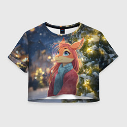 Футболка 3D укороченная женская Рыжая лошадка на фоне Нового года, цвет: 3D-принт