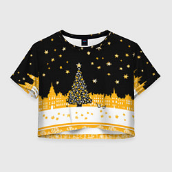 Футболка 3D укороченная женская Новый год в черно-желтом стиле, цвет: 3D-принт