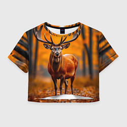 Футболка 3D укороченная женская Осенний лес с оленем, цвет: 3D-принт