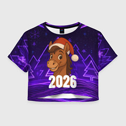 Женский топ 2026 новогодняя лошадка на фоне фиолетовых елок