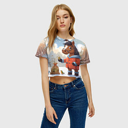 Футболка 3D укороченная женская Лошадка на зимней прогулке, цвет: 3D-принт — фото 2