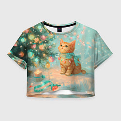 Женский топ Милый рыжий котенок любуется елкой