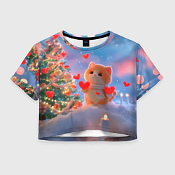 Женский топ Рыжий котенок в сердечках у елочки