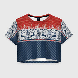 Футболка 3D укороченная женская Вязаный узор с оленями, цвет: 3D-принт