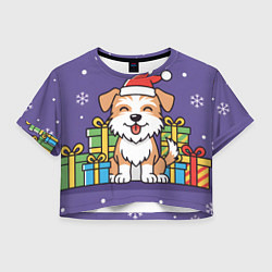 Футболка 3D укороченная женская Новогодняя собачка с подарками, цвет: 3D-принт