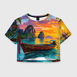 Футболка 3D укороченная женская Тропический закат у скал, цвет: 3D-принт