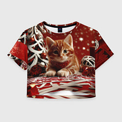 Футболка 3D укороченная женская Рыжий Новогодний котенок, цвет: 3D-принт
