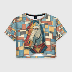 Футболка 3D укороченная женская Конь и квадраты, цвет: 3D-принт