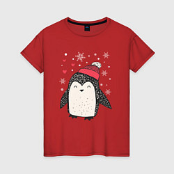 Футболка хлопковая женская Пингвин в шапке, цвет: красный