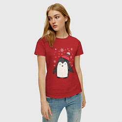 Футболка хлопковая женская Пингвин в шапке, цвет: красный — фото 2