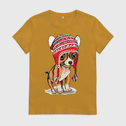 Футболка хлопковая женская Чихуахуа в шапочке, цвет: горчичный