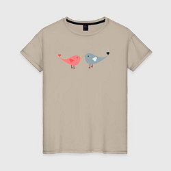 Футболка хлопковая женская Птички-сердечки, цвет: миндальный