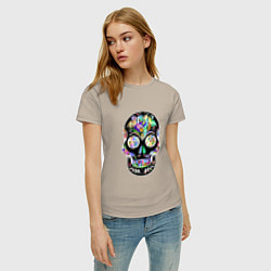 Футболка хлопковая женская Flowers - Art skull, цвет: миндальный — фото 2