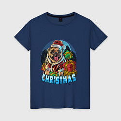 Футболка хлопковая женская Рождественский мопс, цвет: тёмно-синий