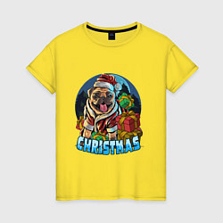 Футболка хлопковая женская Рождественский мопс, цвет: желтый