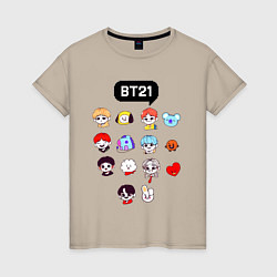 Футболка хлопковая женская BTS BT21, цвет: миндальный