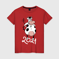 Футболка хлопковая женская Корова 2021, цвет: красный