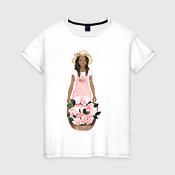 Женская футболка Девушка с корзиной тюльпанов