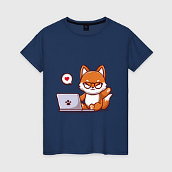 Футболка хлопковая женская Cute fox and laptop, цвет: тёмно-синий