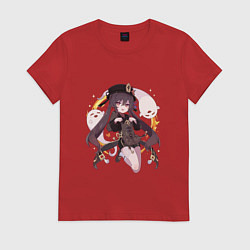 Футболка хлопковая женская Весёлая Ху Тао, цвет: красный