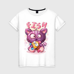 Женская футболка Котёнок милашка с рыбкой