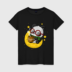 Футболка хлопковая женская Милая панда пьет кофе на луне, цвет: черный