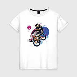 Футболка хлопковая женская Космонавт на велосипеде, цвет: белый