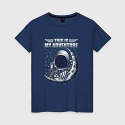 Футболка хлопковая женская Космонавт и луна, цвет: тёмно-синий