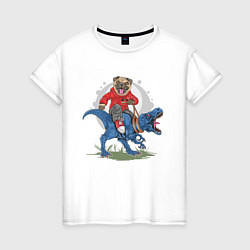 Футболка хлопковая женская Мопс на динозавре, цвет: белый