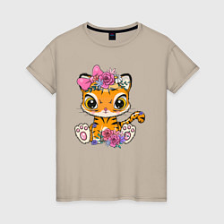 Женская футболка Милая тигрица с цветами